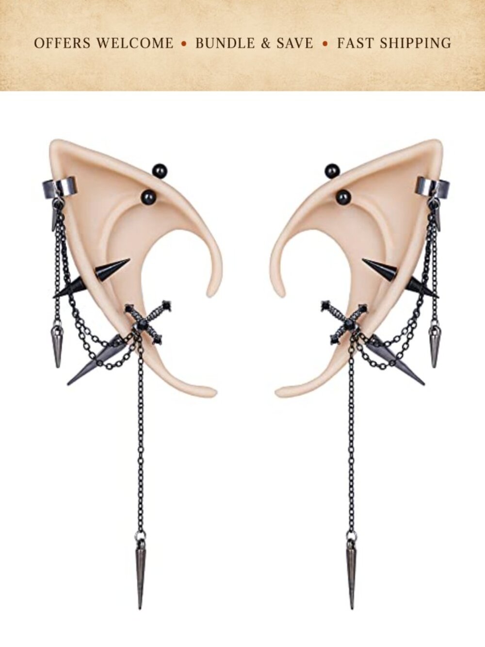 FRESHME 2 Pairs of Fairy Elf Ears with Sliver Piercings - Gothic Elf Ear Cuffs